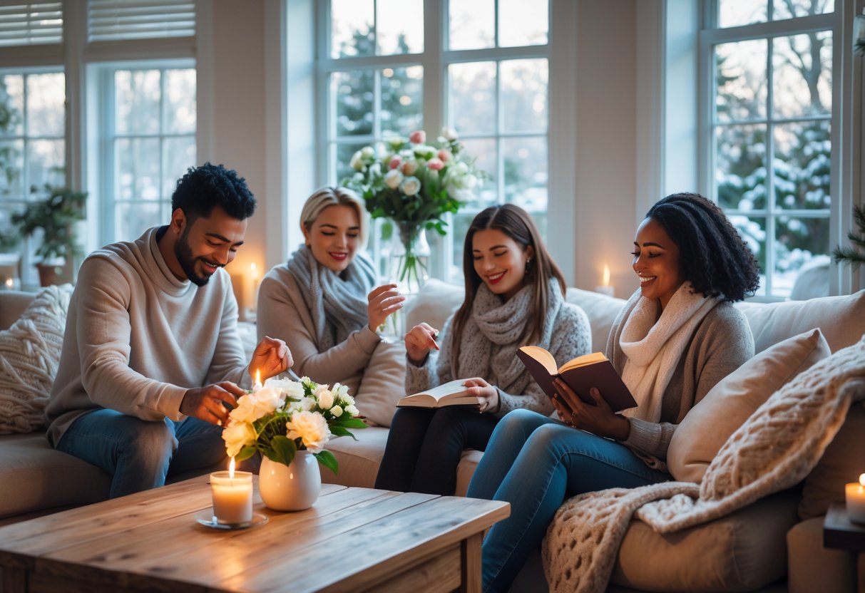 A cozy living room with people lighting candles, arranging flowers, and reading, creating a calm and uplifting atmosphere.