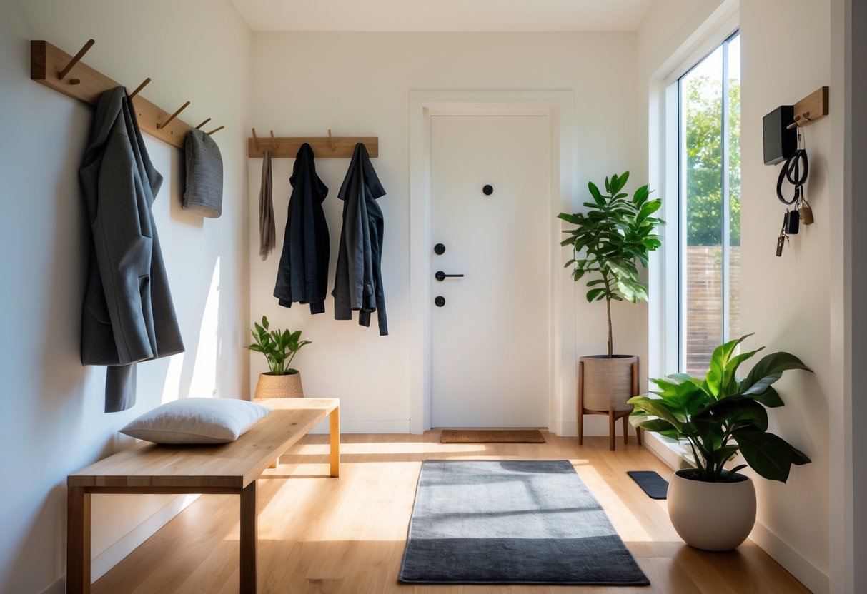 A clean and organized home entryway with a bench, coat rack, potted plant, shoe rack, and natural light.
