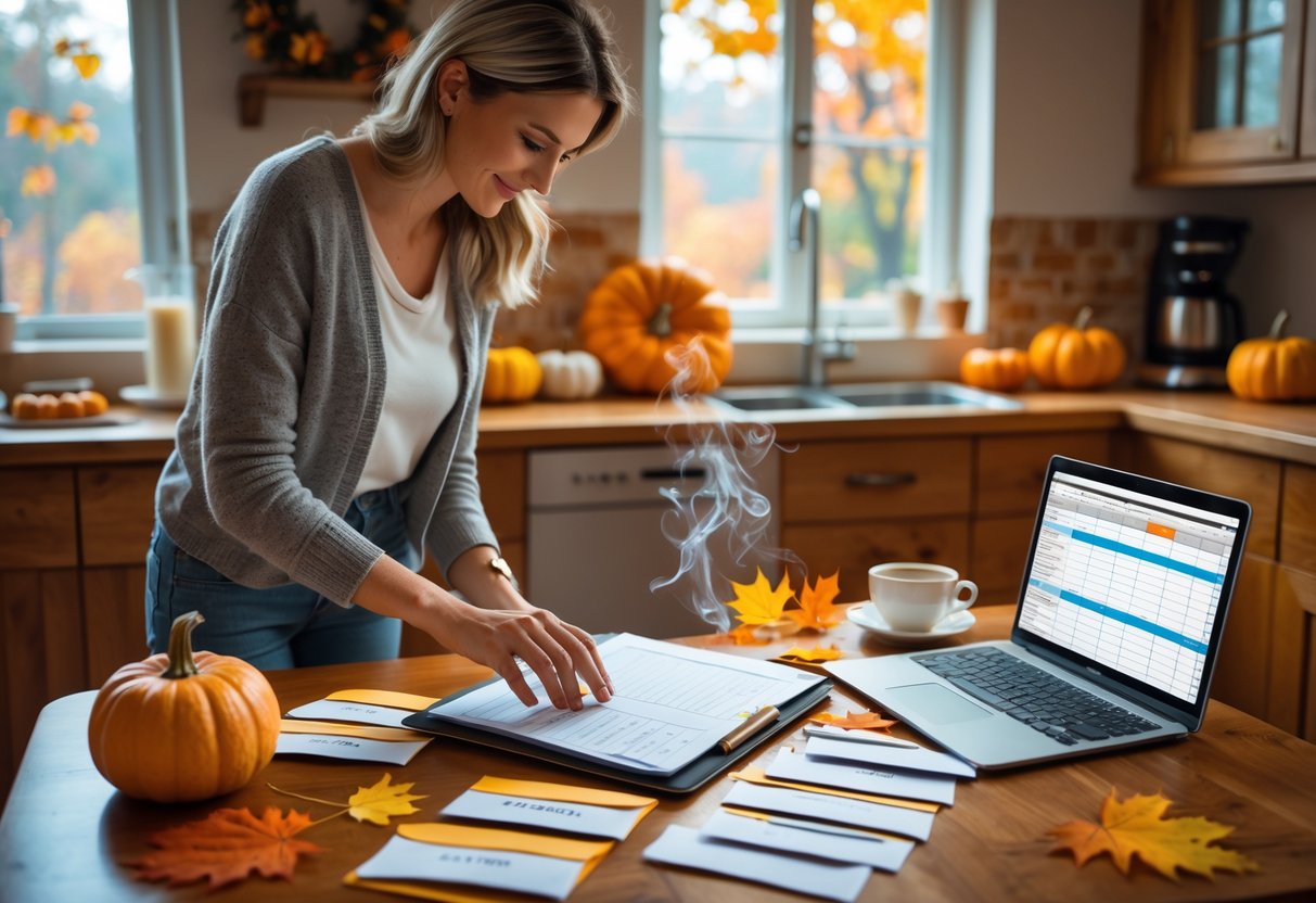 A homemaker organizing a budget planner at a kitchen table decorated with autumn leaves and pumpkins.