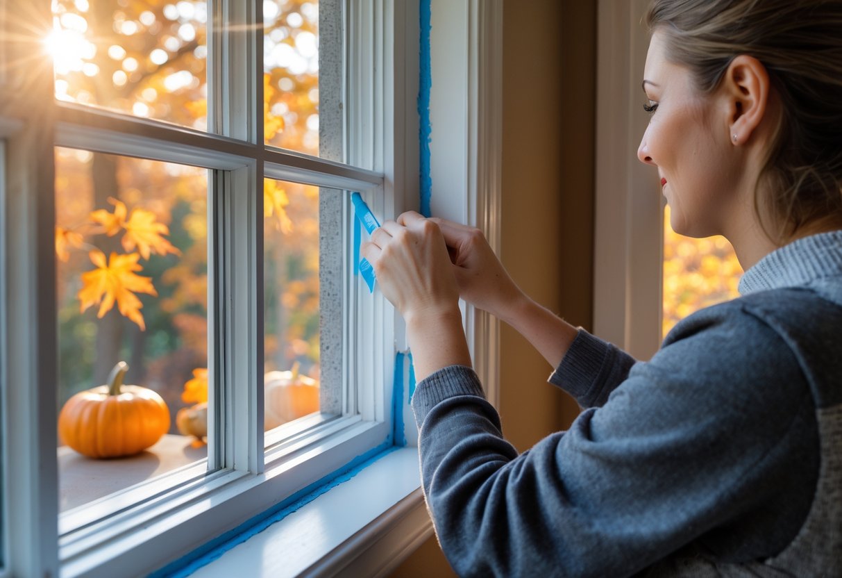 A person sealing air leaks around a window inside a home with autumn leaves visible outside.