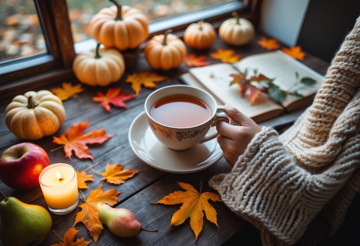 A person holding a warm cup near a window with autumn leaves, pumpkins, a knitted blanket, and a lit candle on a wooden table.