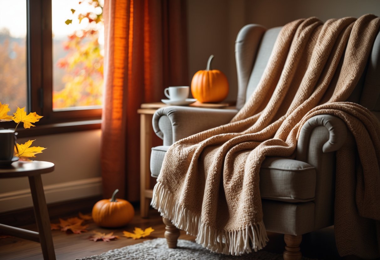 A cozy living room corner with a soft throw blanket on a chair, warm autumn light, and seasonal decorations like a pumpkin and a cup of tea on a side table.