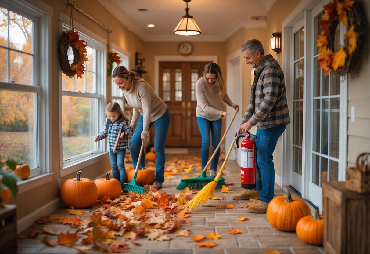 People performing various household tasks in a cozy home during autumn, including sealing windows, checking smoke detectors, raking leaves, and preparing the pantry.