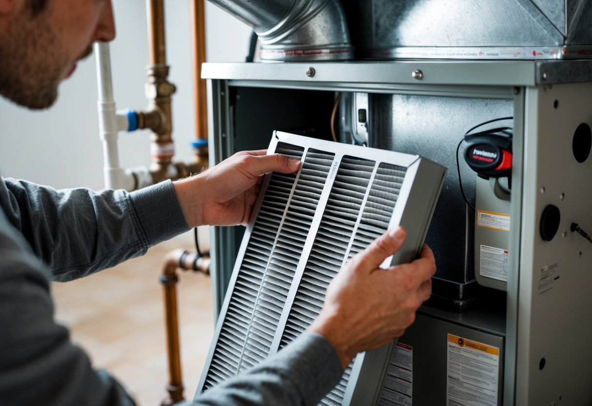 Person removing a furnace filter from a furnace in a home utility room.