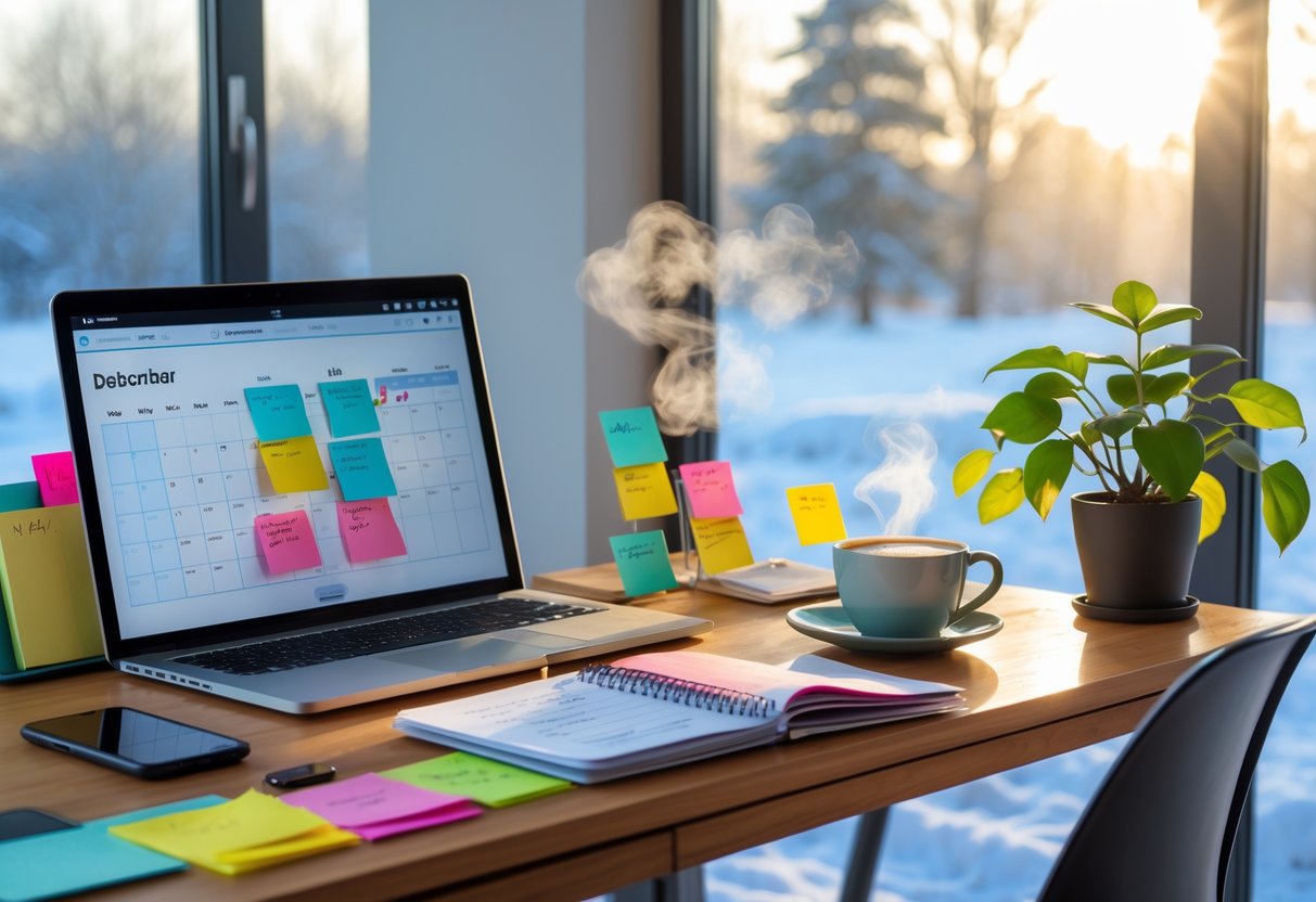 A tidy home office desk with a laptop, planner, sticky notes, coffee cup, and a small plant by a window showing a bright winter morning.