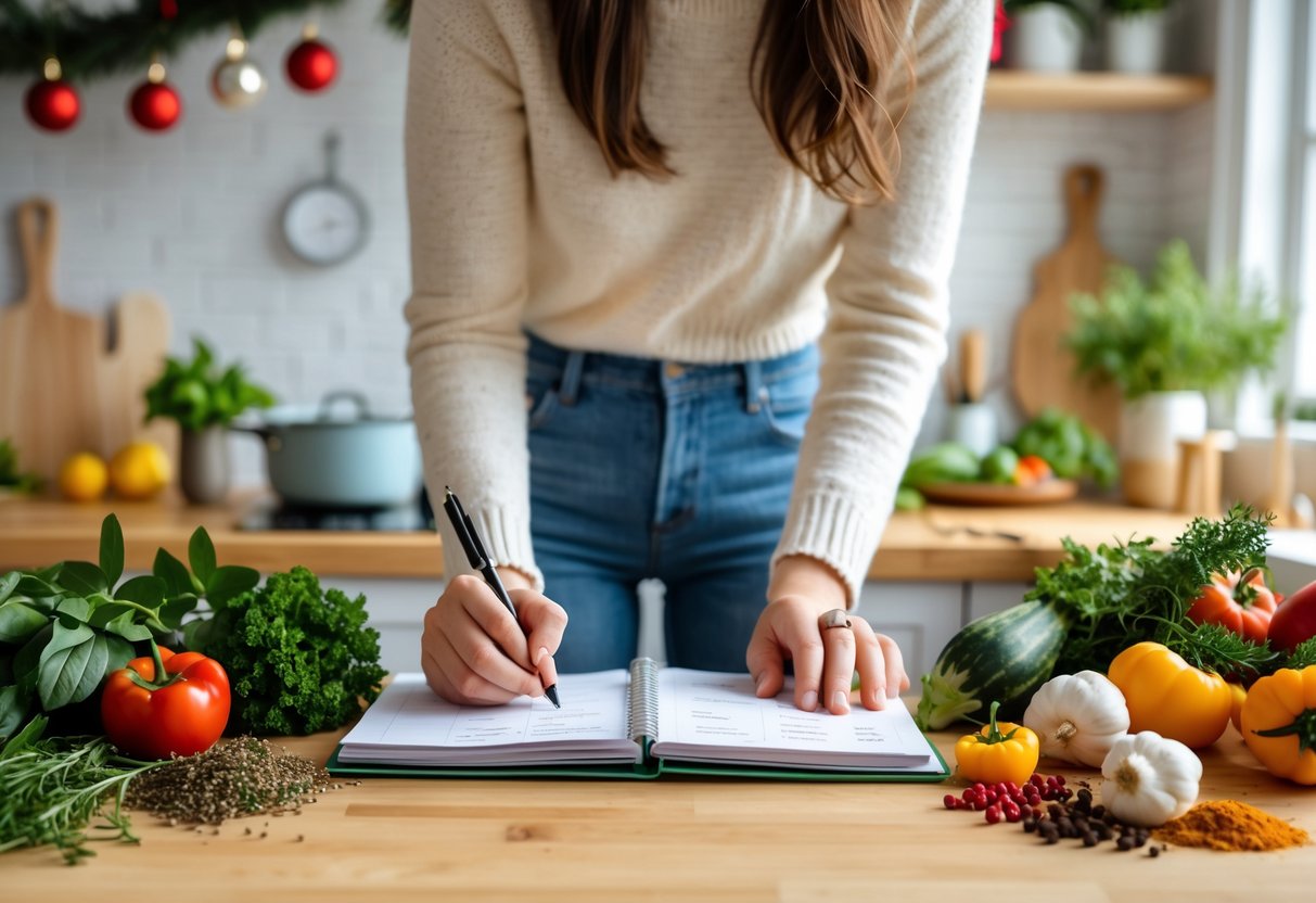 Person writing in a planner at a kitchen counter surrounded by fresh ingredients and holiday decorations.