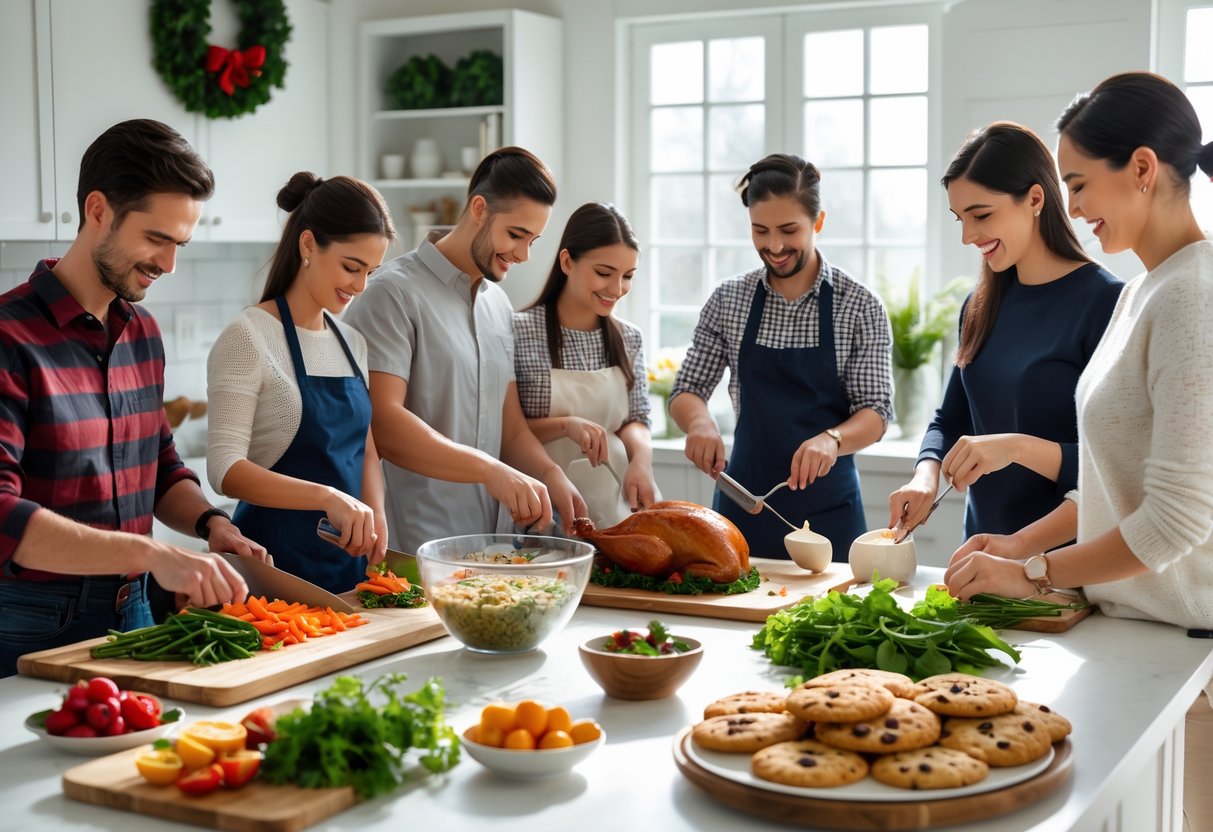 Seven people preparing different holiday dishes together in a bright kitchen, including chopping vegetables, mixing ingredients, rolling dough, basting a turkey, arranging cookies, and washing greens.