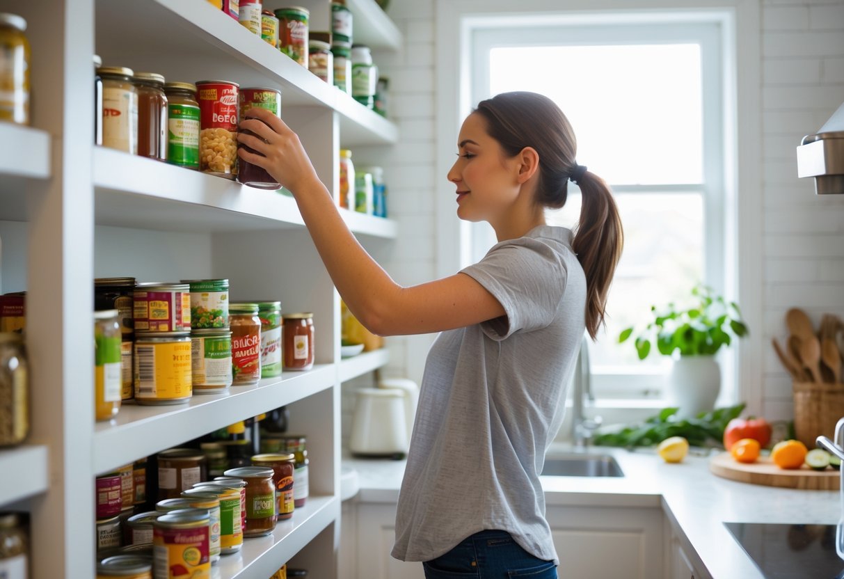Person organizing a pantry by removing expired food items in a bright kitchen.