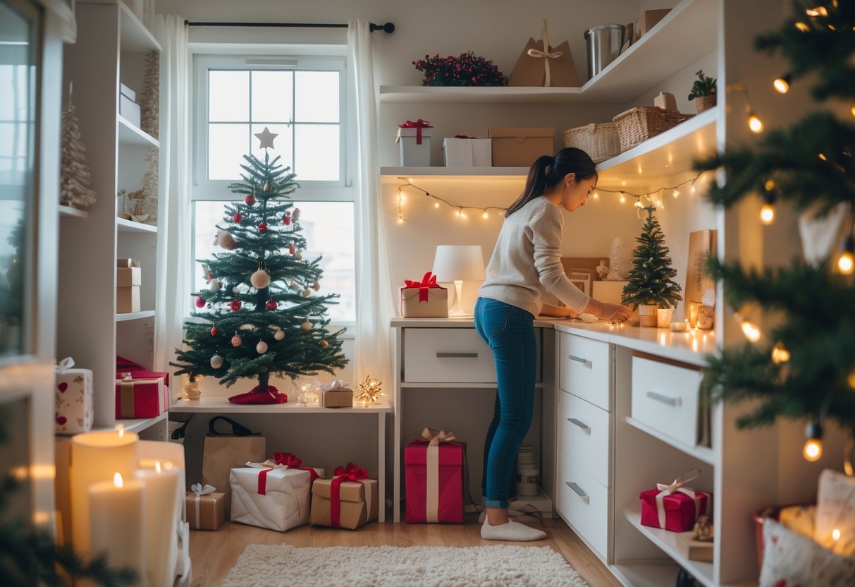 A person organizing a small living space with Christmas decorations and gifts nearby.