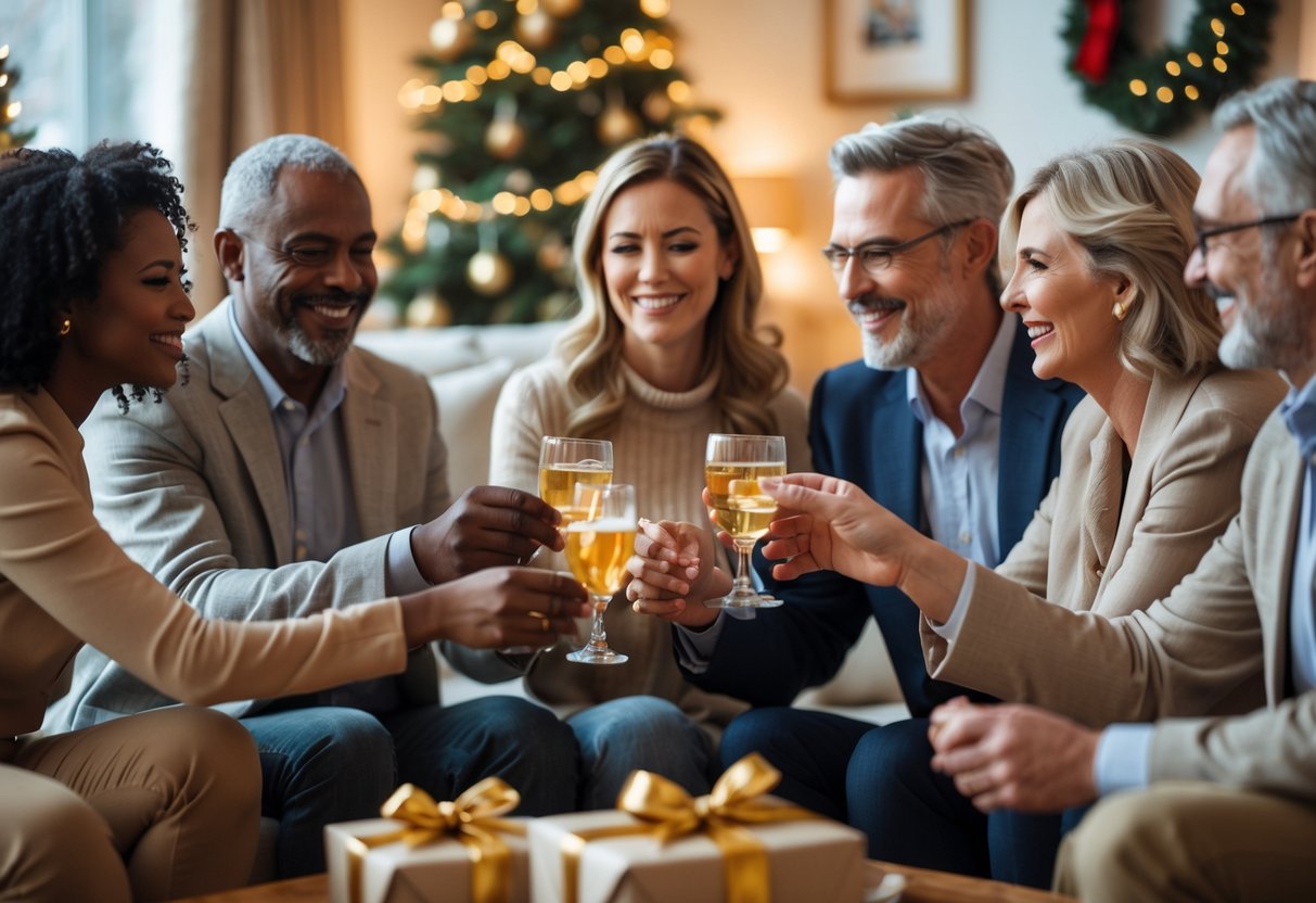 A group of five adults exchanging gifts and toasting in a decorated living room during the holidays.