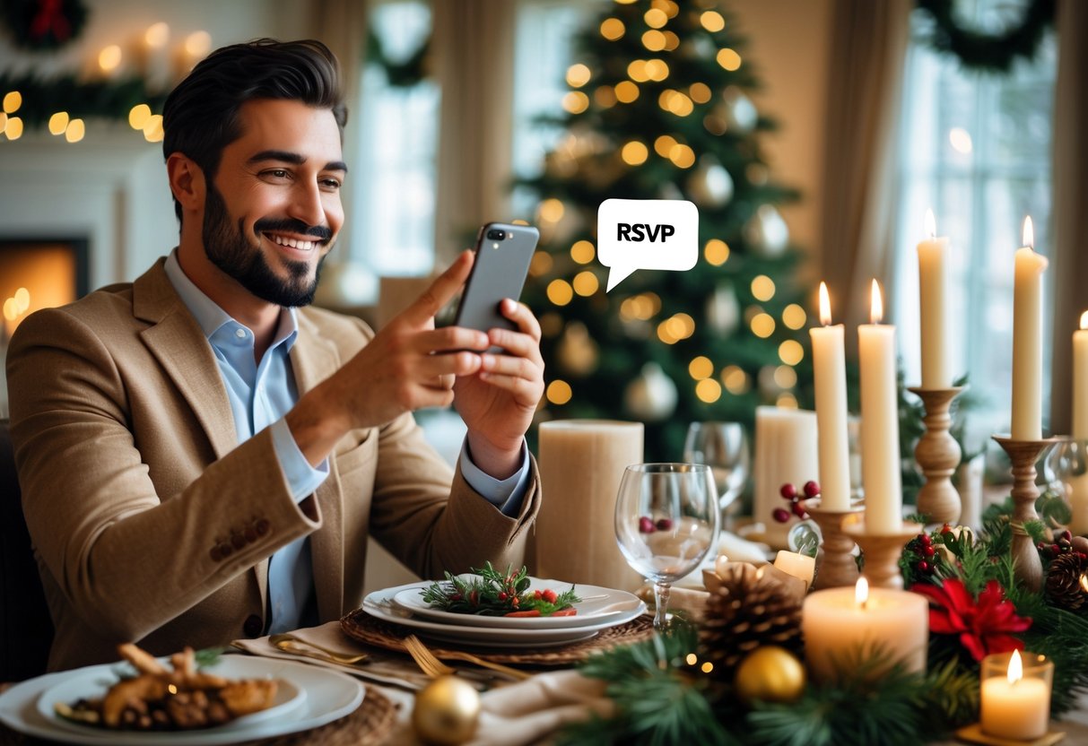 A person holding a smartphone and smiling near a festively decorated holiday dining table with a Christmas tree in the background.
