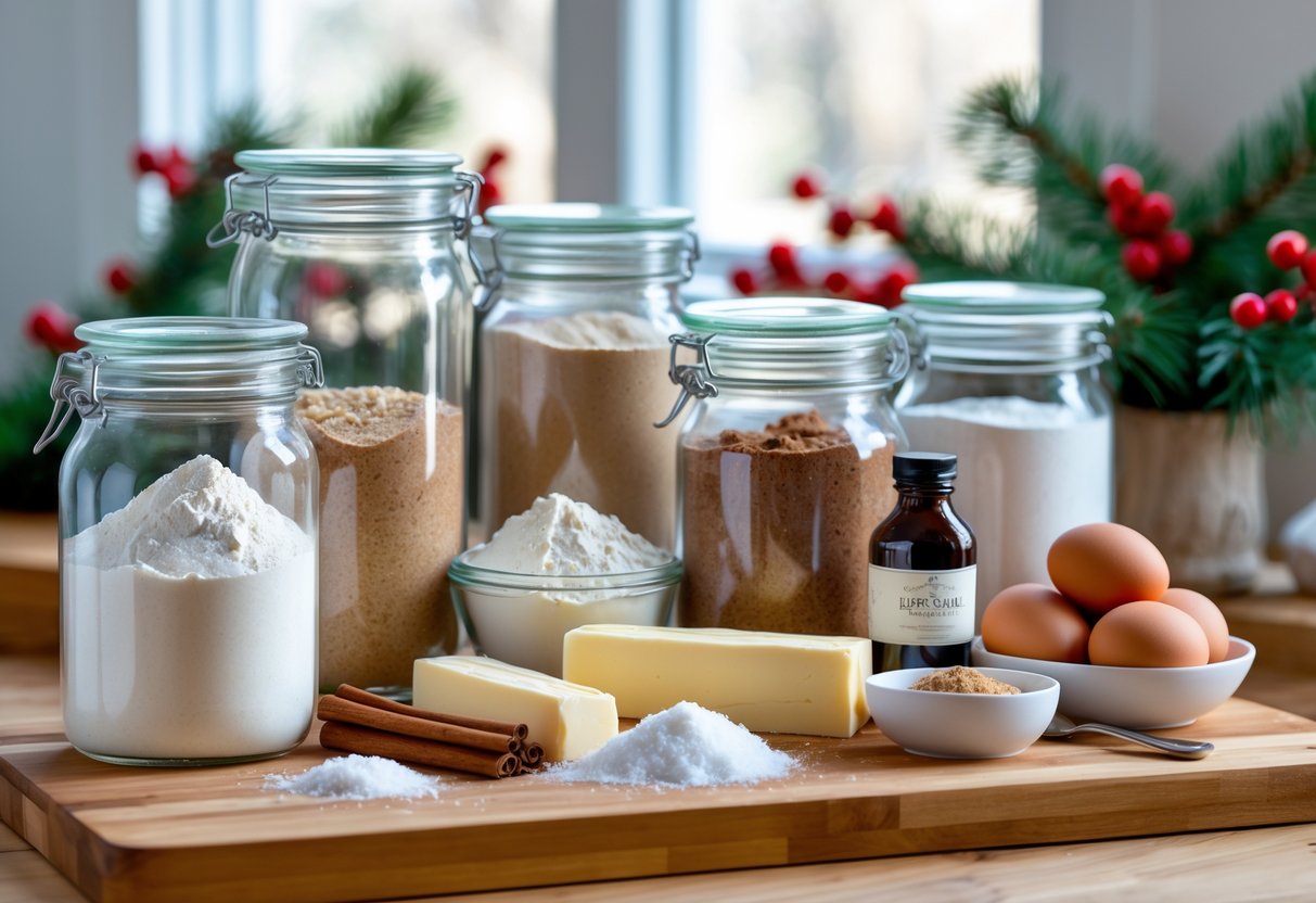 A kitchen countertop with jars of flour, sugars, baking powder, baking soda, vanilla extract, eggs, butter, cinnamon sticks, and salt, set up for Christmas baking.