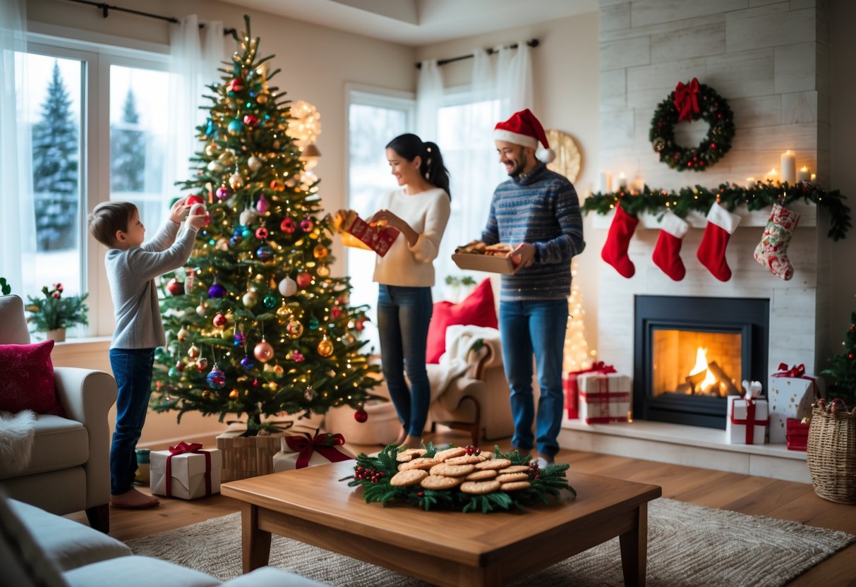 A family decorating a Christmas tree, wrapping gifts, baking cookies, and reading a story by the fireplace in a cozy living room decorated for Christmas.