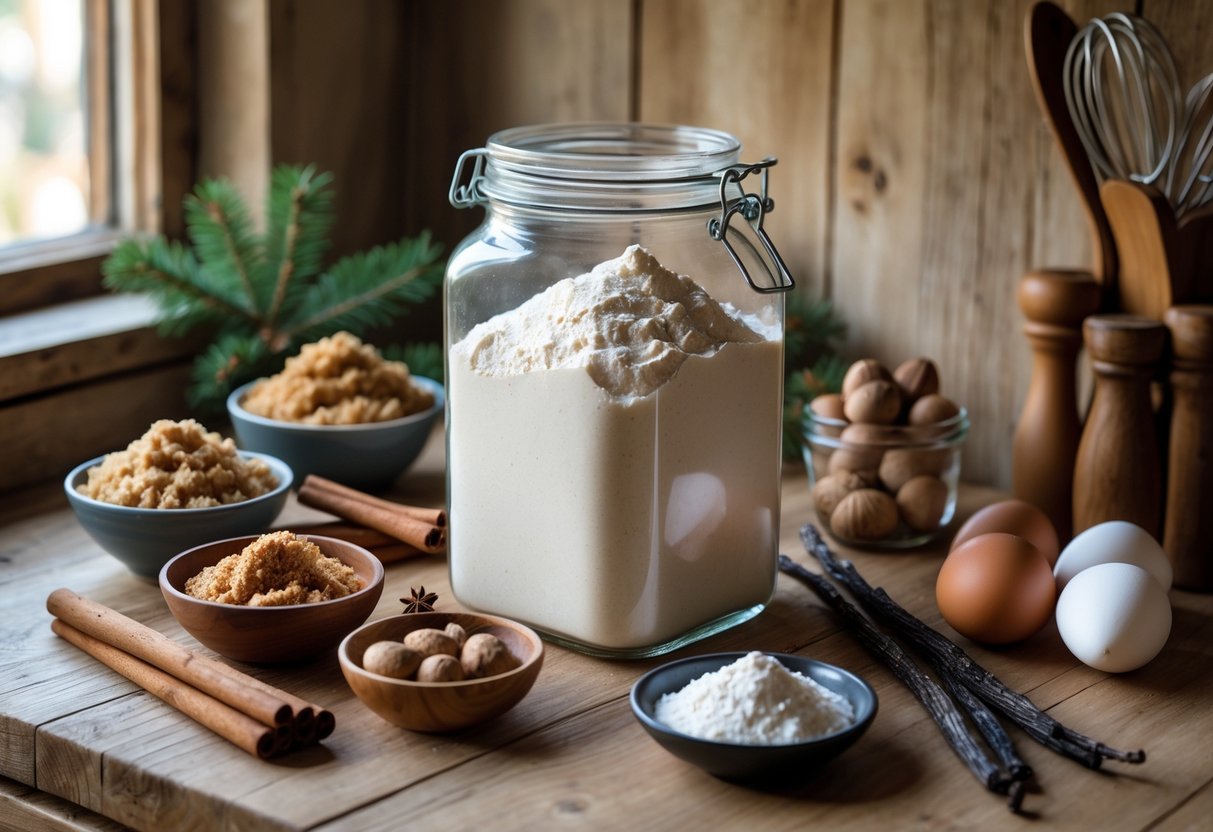 A kitchen countertop with a jar of all-purpose flour surrounded by six other baking ingredients including brown sugar, cinnamon sticks, nutmeg, vanilla beans, baking powder, and eggs.