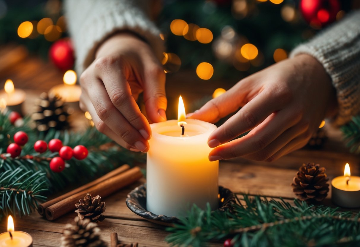 Hands lighting a candle on a wooden table decorated with pine branches, red berries, and cinnamon sticks, creating a warm and cozy Christmas atmosphere.