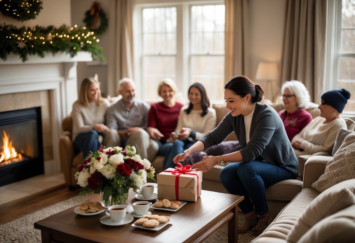 A host warmly welcoming guests in a cozy living room decorated with holiday touches, with drinks and snacks on a table and people sitting comfortably and smiling.