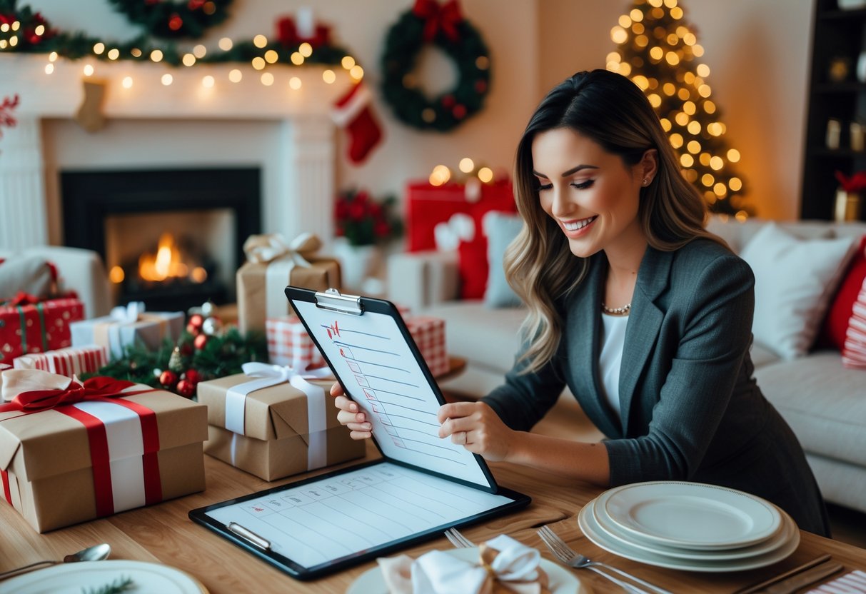 A person preparing for a holiday event by checking a checklist in a decorated living room with holiday decorations and organized party supplies.