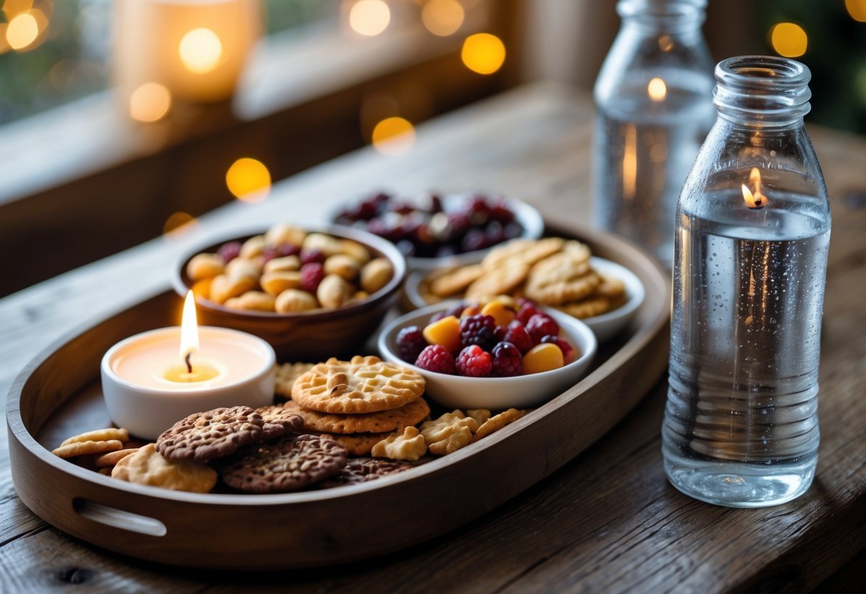 A welcome tray with snacks, a small lit candle, and two bottles of water on a wooden table.