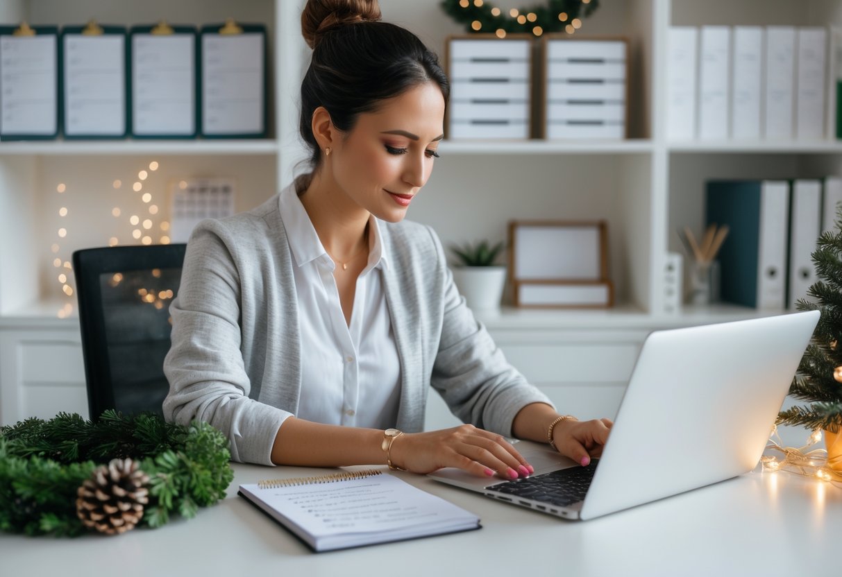 Person writing a guest list at a desk decorated with holiday items in a bright home office.