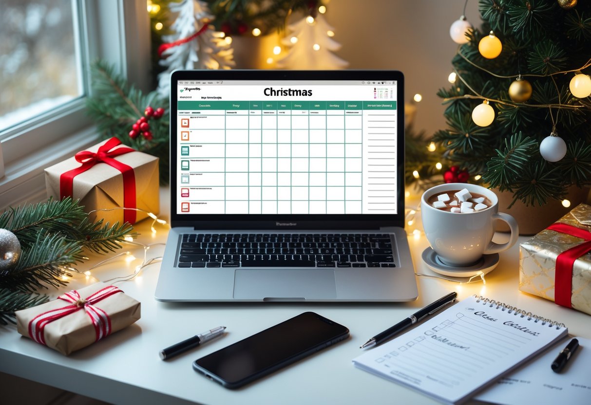 A tidy workspace with a laptop, wrapped gifts, holiday decorations, and a cup of hot cocoa, suggesting organized Christmas preparations.