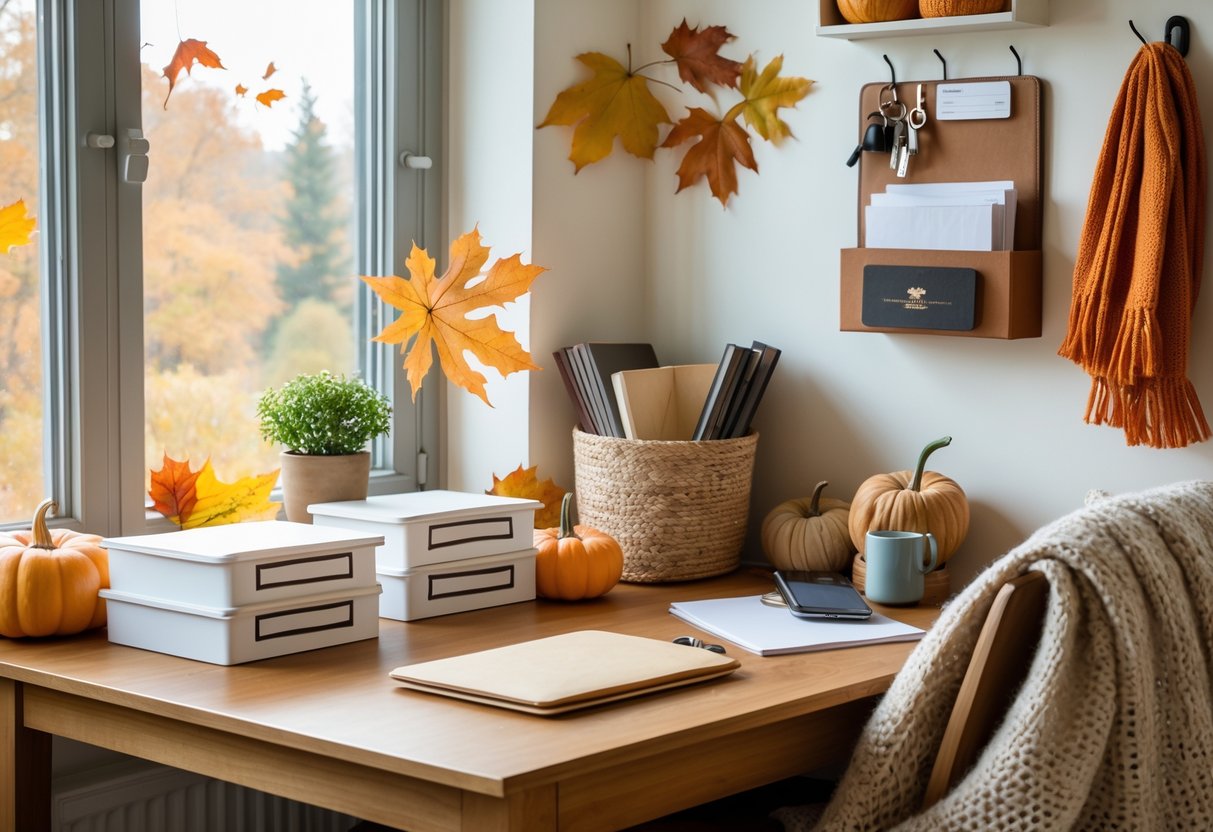 A tidy home workspace with autumn decorations, organized storage boxes, a potted plant, and a cozy throw blanket, bathed in warm natural light.