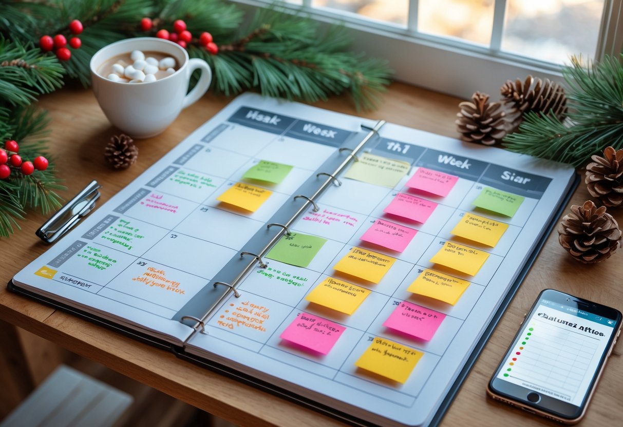 A home office desk with a calendar, colorful sticky notes, holiday decorations, and a cup of hot cocoa, showing a Christmas planning setup.
