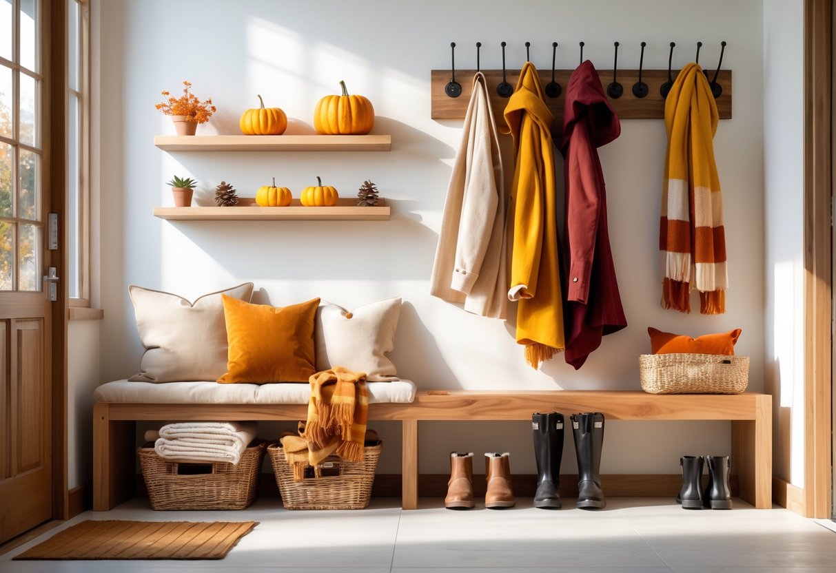 A tidy entryway with a bench, coat rack holding autumn-colored jackets and scarves, a basket with blankets and boots, shelves with pumpkins and plants, and a console table with keys and mail.