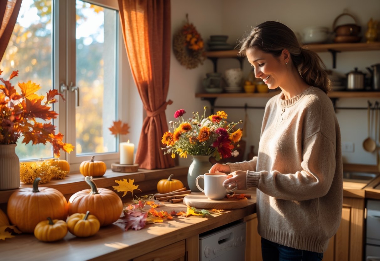 A cozy autumn kitchen with fall decorations, a person arranging flowers, and warm sunlight coming through the window.