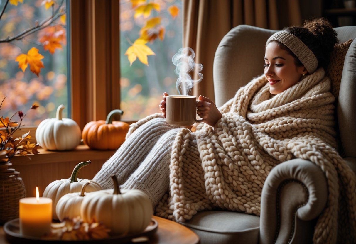 A person wrapped in a soft blanket sitting in a chair by a window holding a steaming mug, surrounded by autumn decorations.