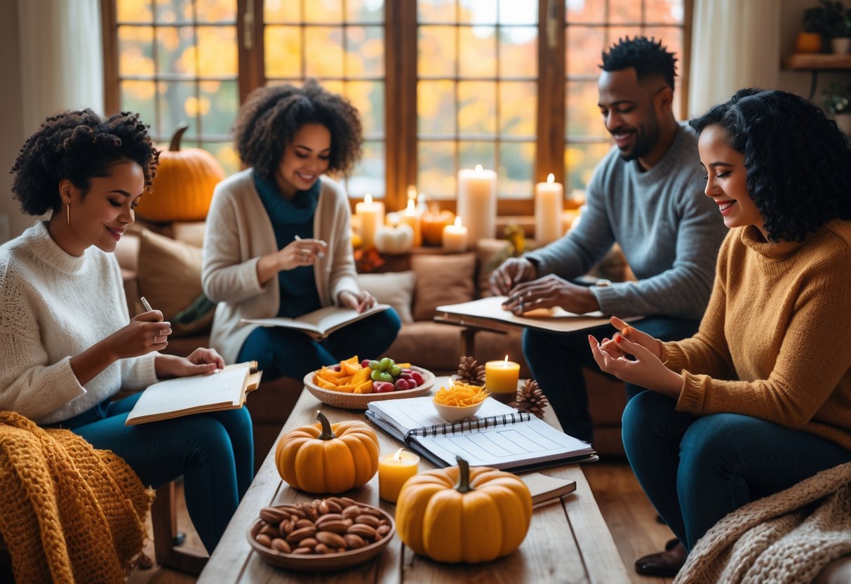 Four adults in a cozy living room during fall, engaged in journaling, preparing healthy snacks, organizing a planner, and practicing mindfulness with autumn decorations visible.
