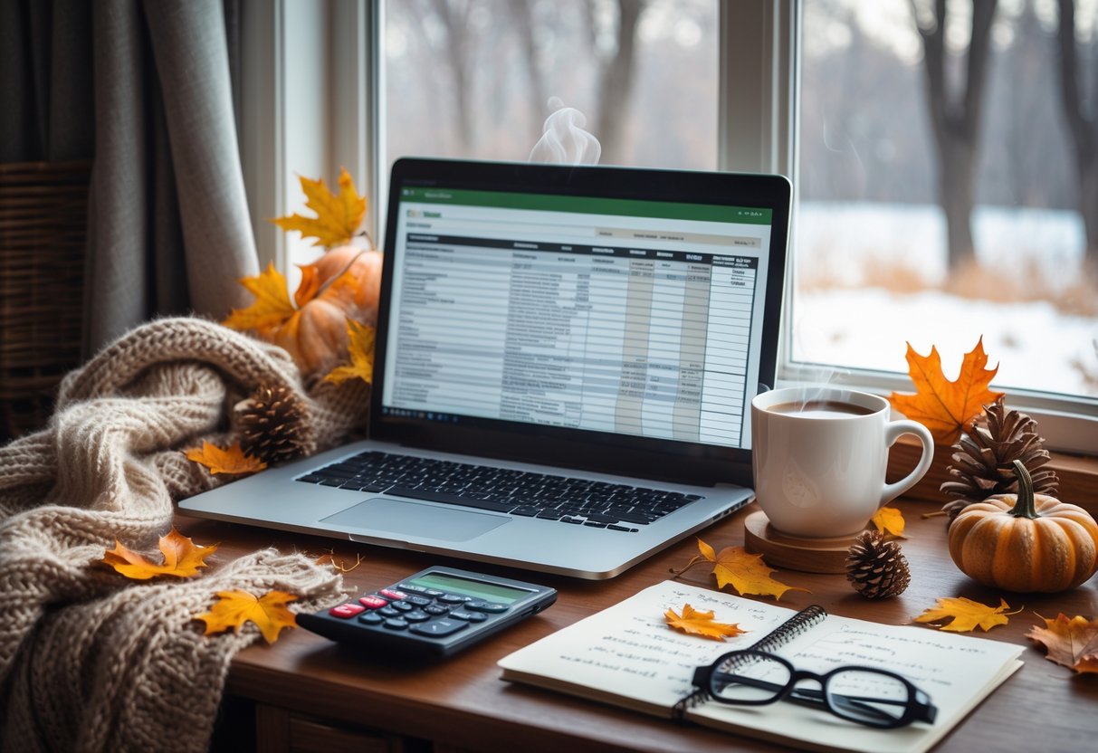 A home office desk with a laptop, notebook, calculator, scarf, mug, autumn leaves, and a window showing bare trees and snow outside.
