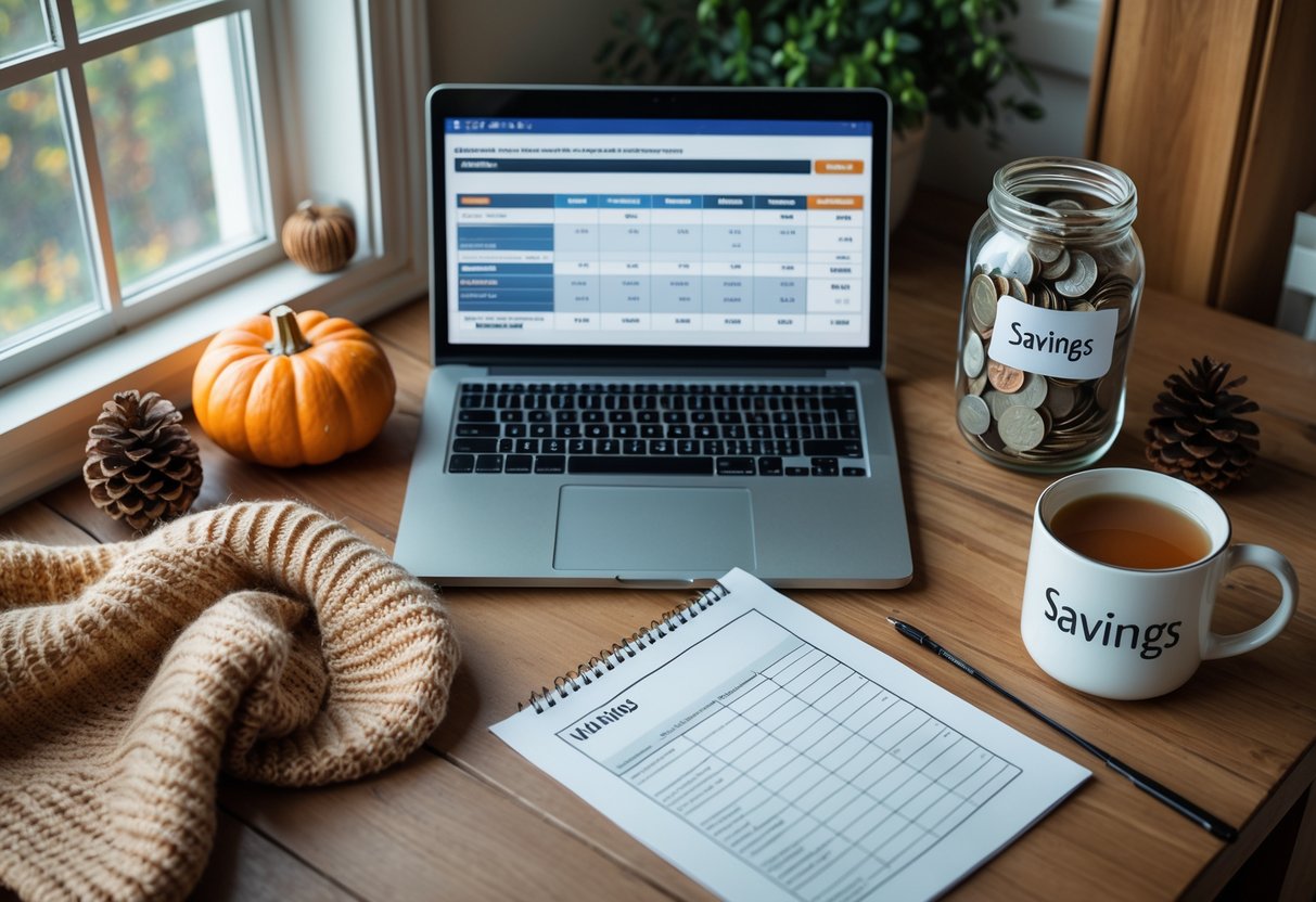 A home office desk with a laptop showing a budgeting spreadsheet, a calendar for fall and winter months, a jar of savings coins, and seasonal decorations like a pumpkin, scarf, and pinecones.