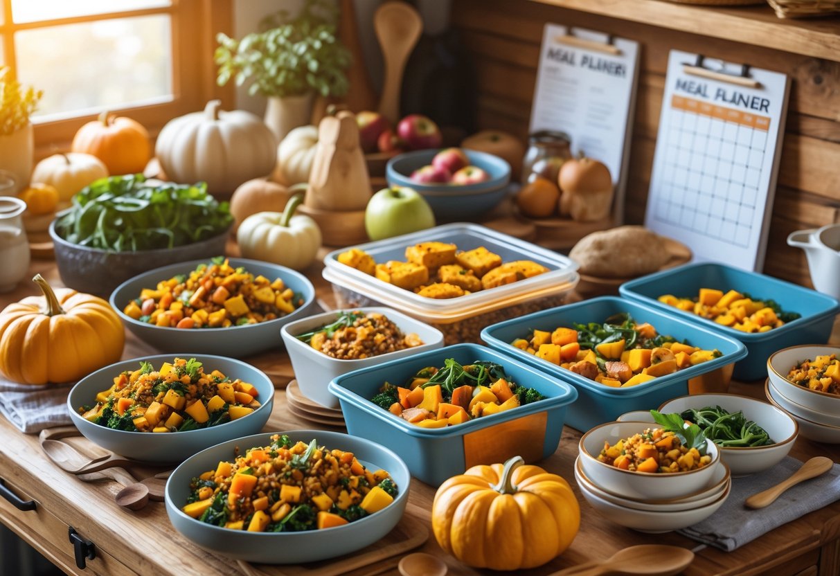 A kitchen table with fall vegetables, prepared meals in containers, and a meal planner calendar in natural light.