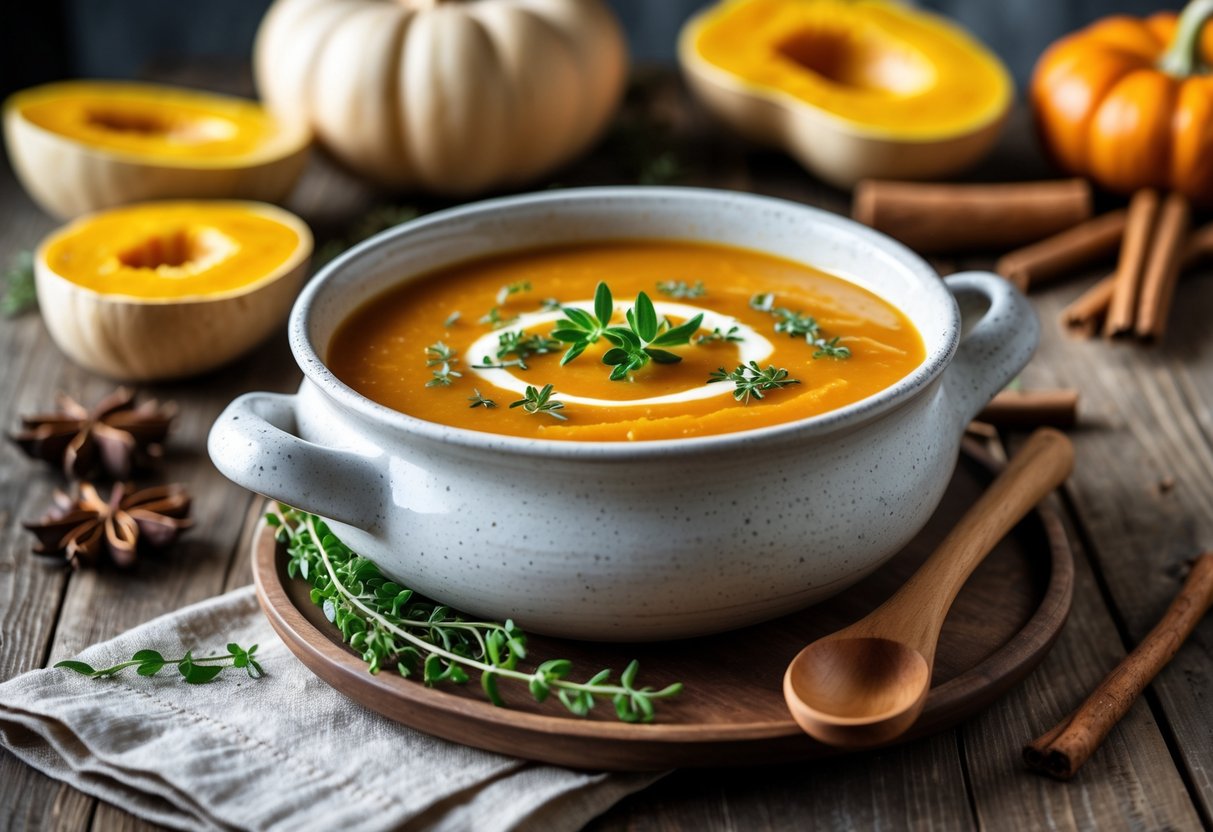 A bowl of creamy butternut squash soup garnished with herbs on a wooden table surrounded by autumn vegetables and spices.
