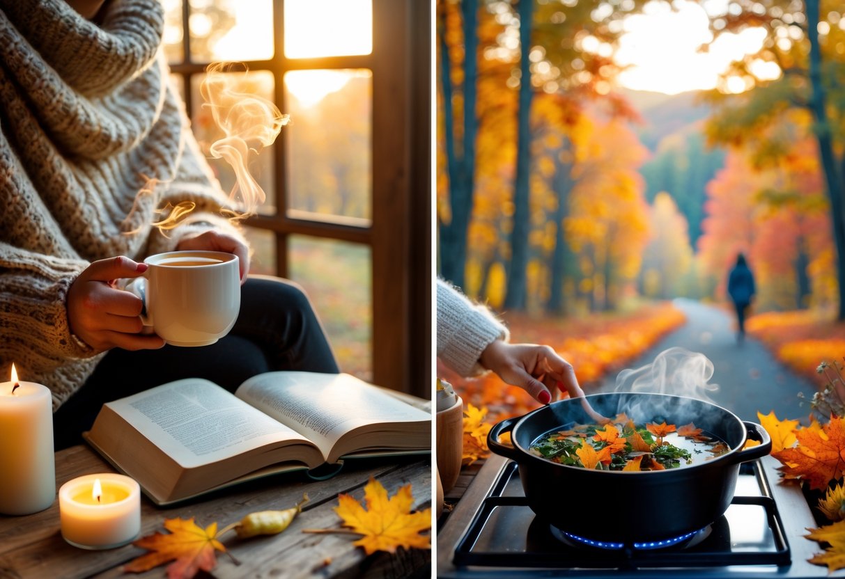 A person in a warm sweater holding a mug by a window, an open book with a candle and dried flowers on a table, hands arranging colorful fall leaves, a pot simmering on a stove, and a person walking on a leaf-covered path surrounded by autumn trees.