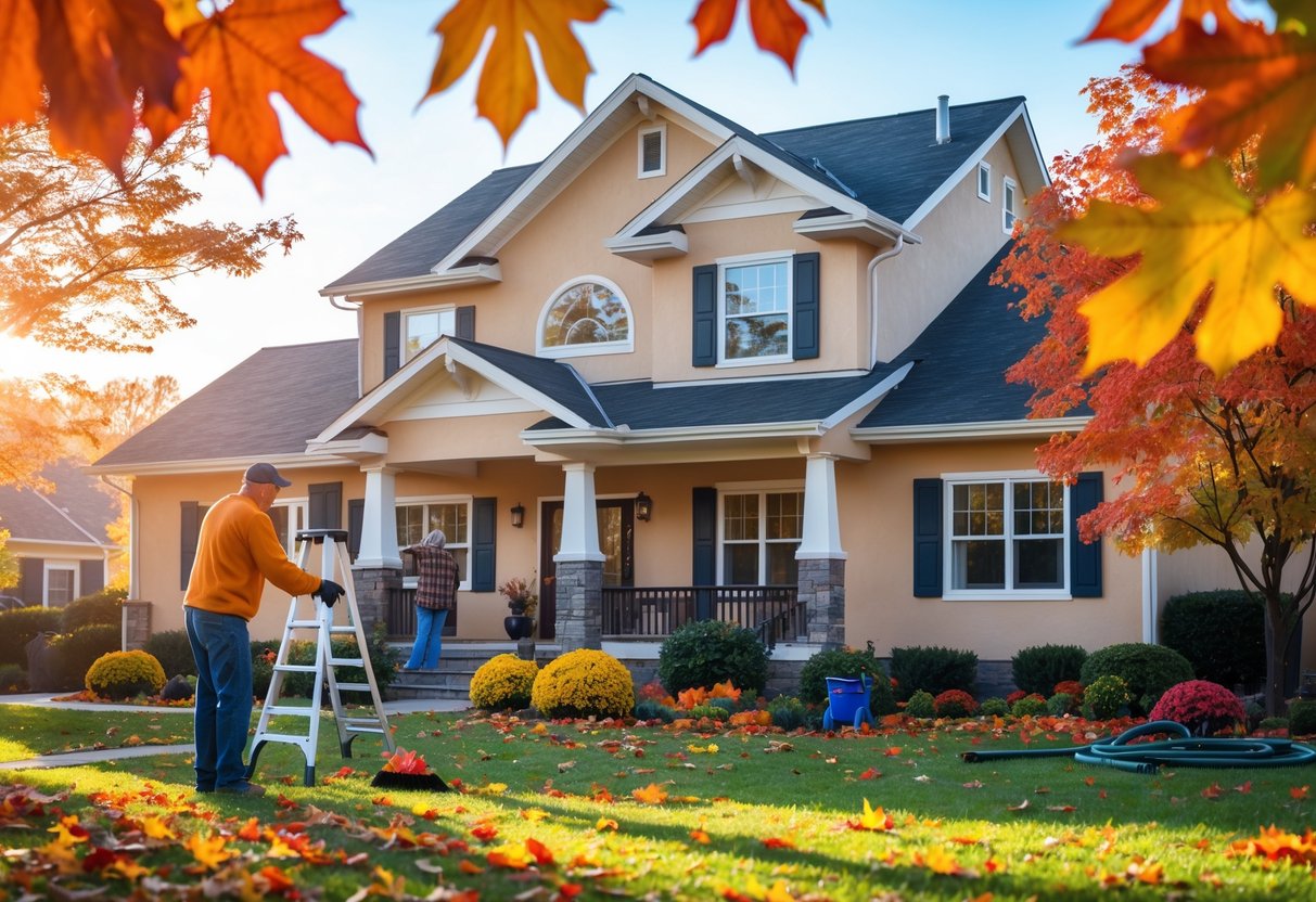 A homeowner performing fall maintenance tasks outside a house surrounded by colorful autumn leaves.