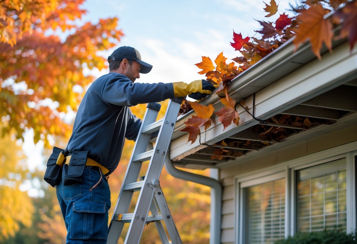 Person cleaning and inspecting gutters on a house surrounded by fall foliage.