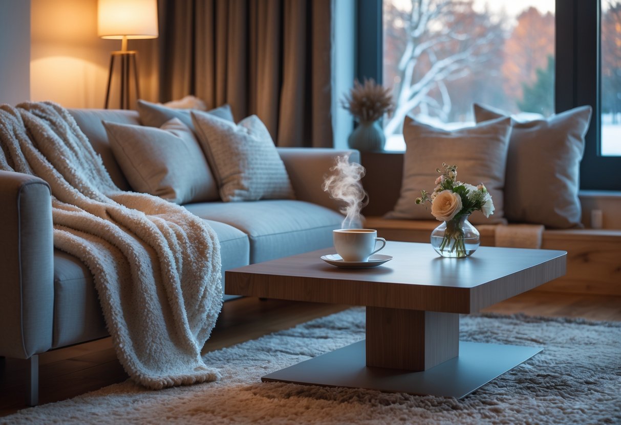 A cozy living room with a sofa, warm lighting, a coffee table with a cup of tea, cushions, a rug, and a window showing a chilly outdoor scene.