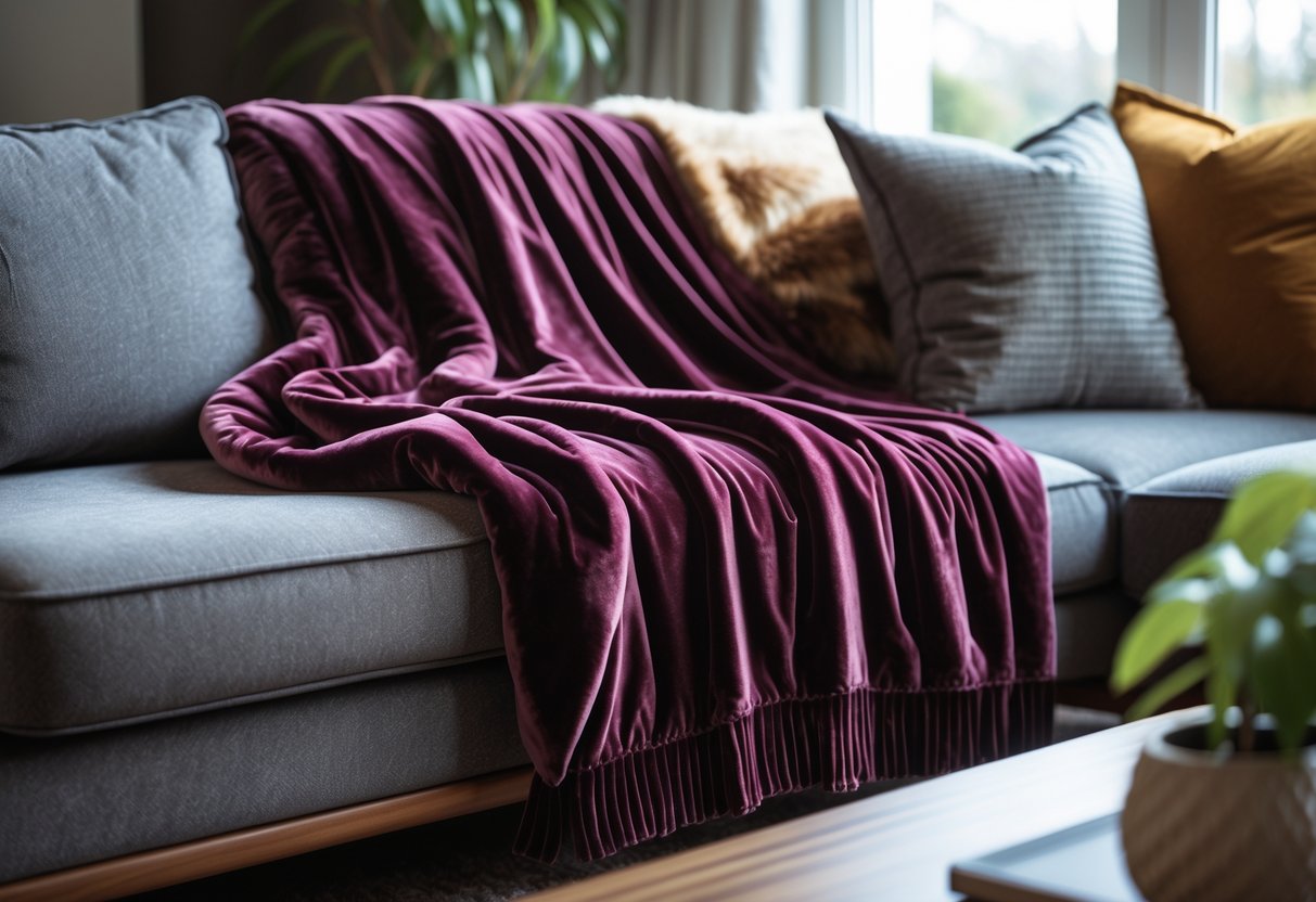 A living room with a velvet throw blanket layered on a sofa, a coffee table, cushions, and a potted plant.