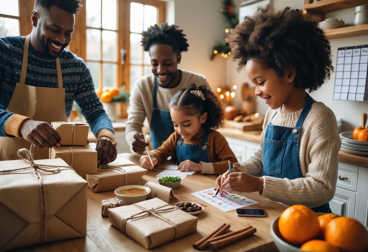 A family preparing for Christmas by wrapping gifts, writing cards, and baking together in a bright kitchen.