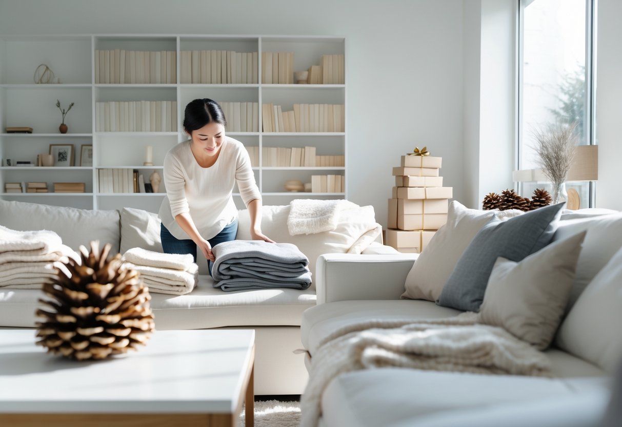 A person organizing a clean, tidy living room with minimal holiday items, creating a calm and uncluttered space.