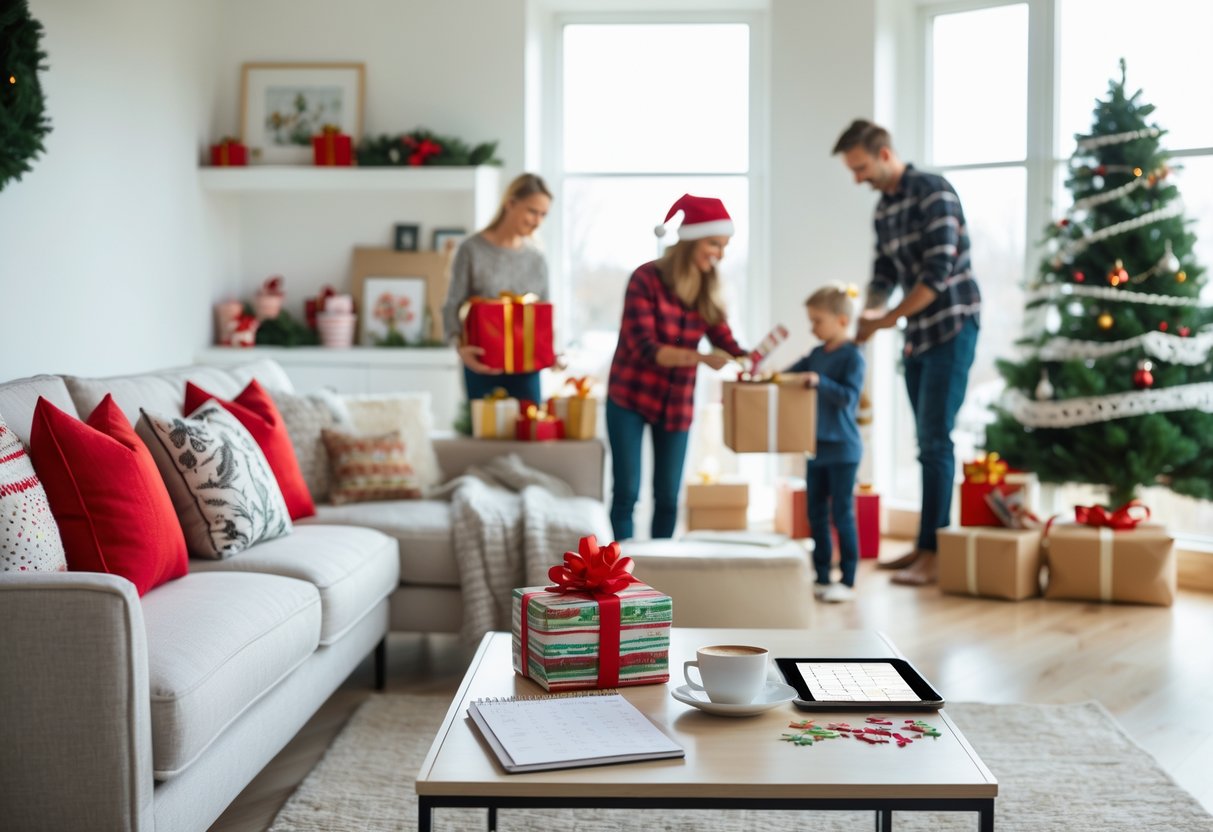 A family preparing their living room for the holidays with gift wrapping, decorating, and planning in a bright, tidy home.