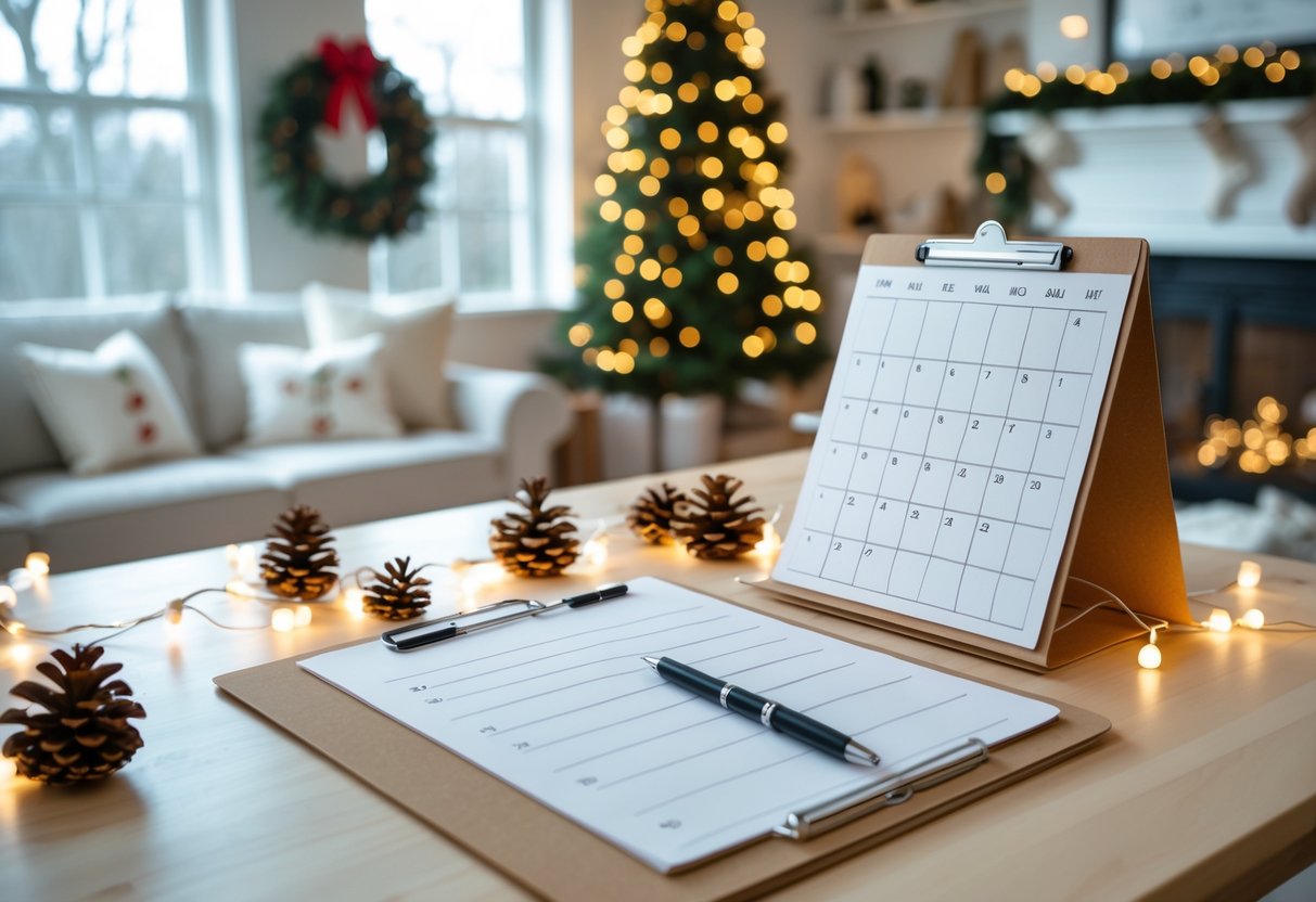 A tidy home office desk with a to-do list, calendar, and holiday decorations in a bright room.