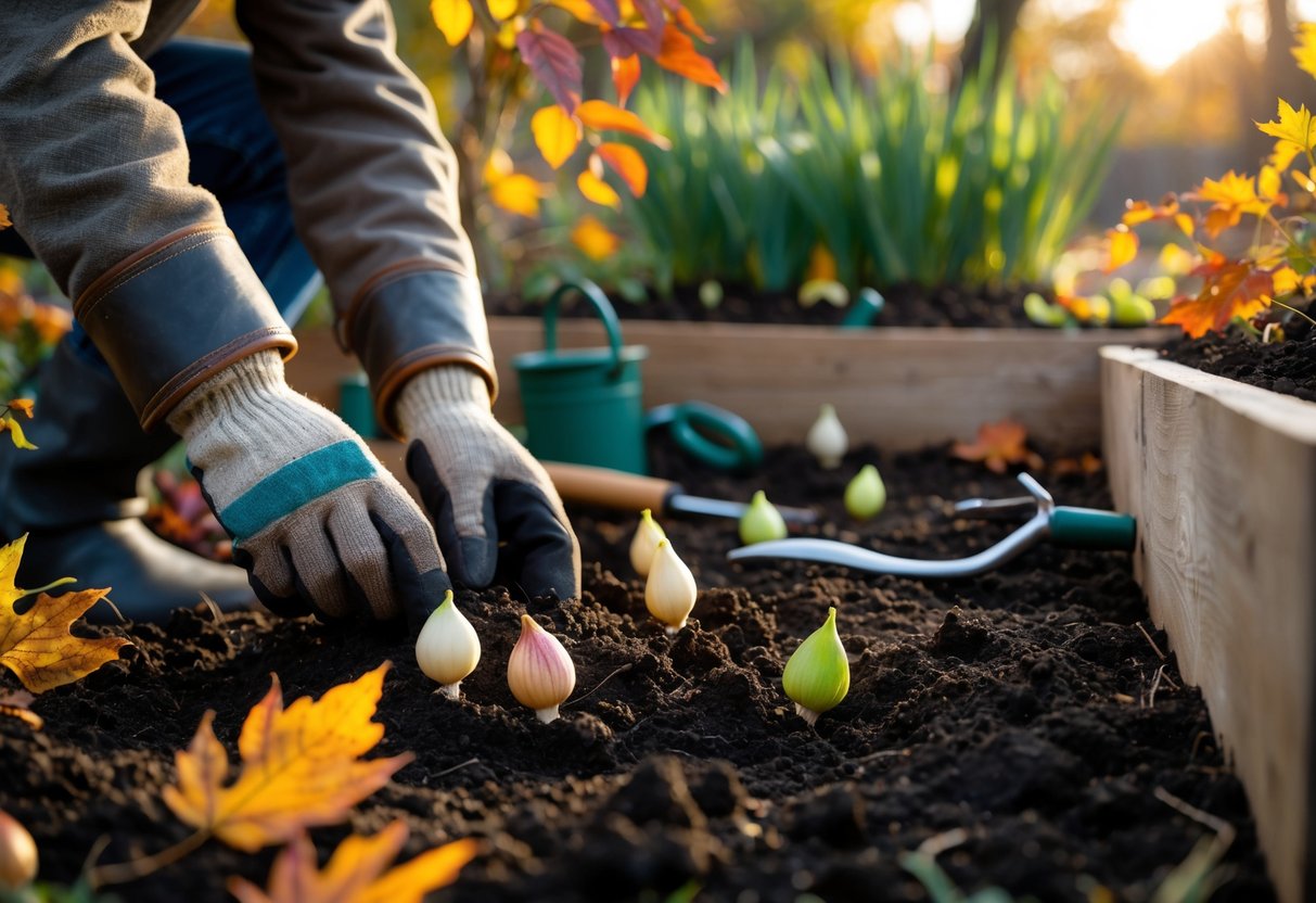 Hands wearing gloves planting bulbs in soil surrounded by autumn leaves with gardening tools nearby in a garden.