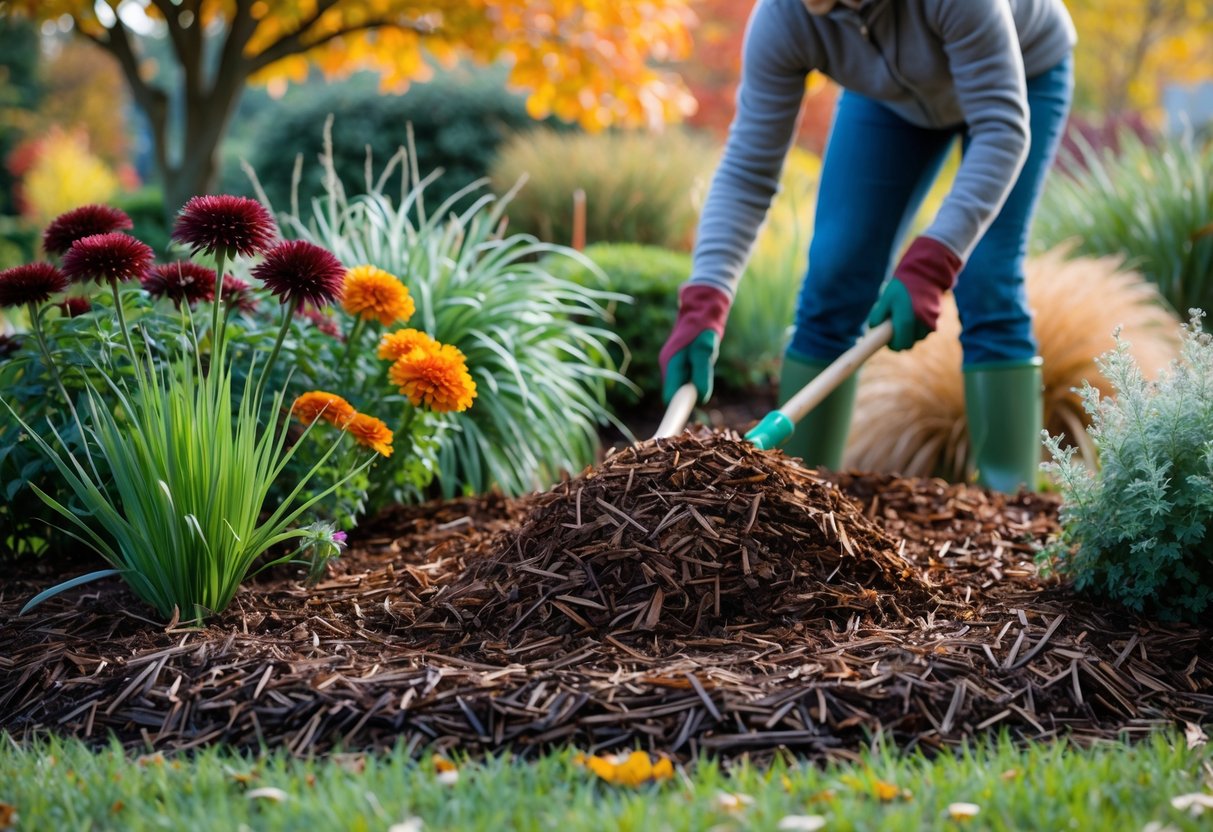 Gardener spreading mulch around perennial plants in a garden during fall with autumn leaves in the background.