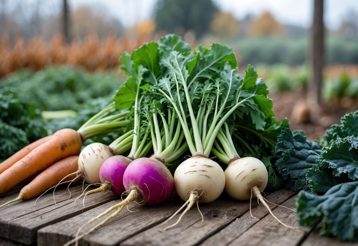 Freshly harvested turnips with green tops on a wooden table outdoors, surrounded by other fall vegetables with a blurred garden background.