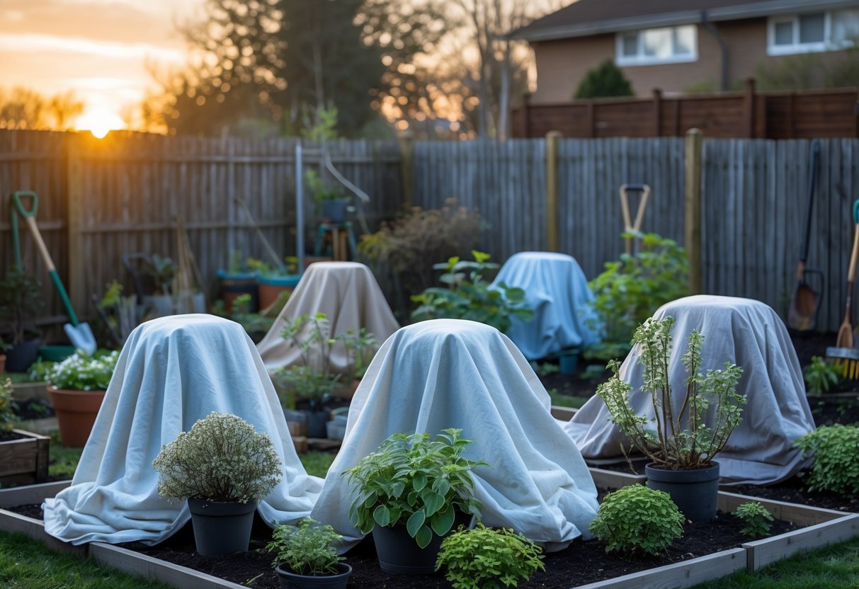 A garden at dusk with plants covered by frost cloths and bedsheets to protect them from freezing temperatures.