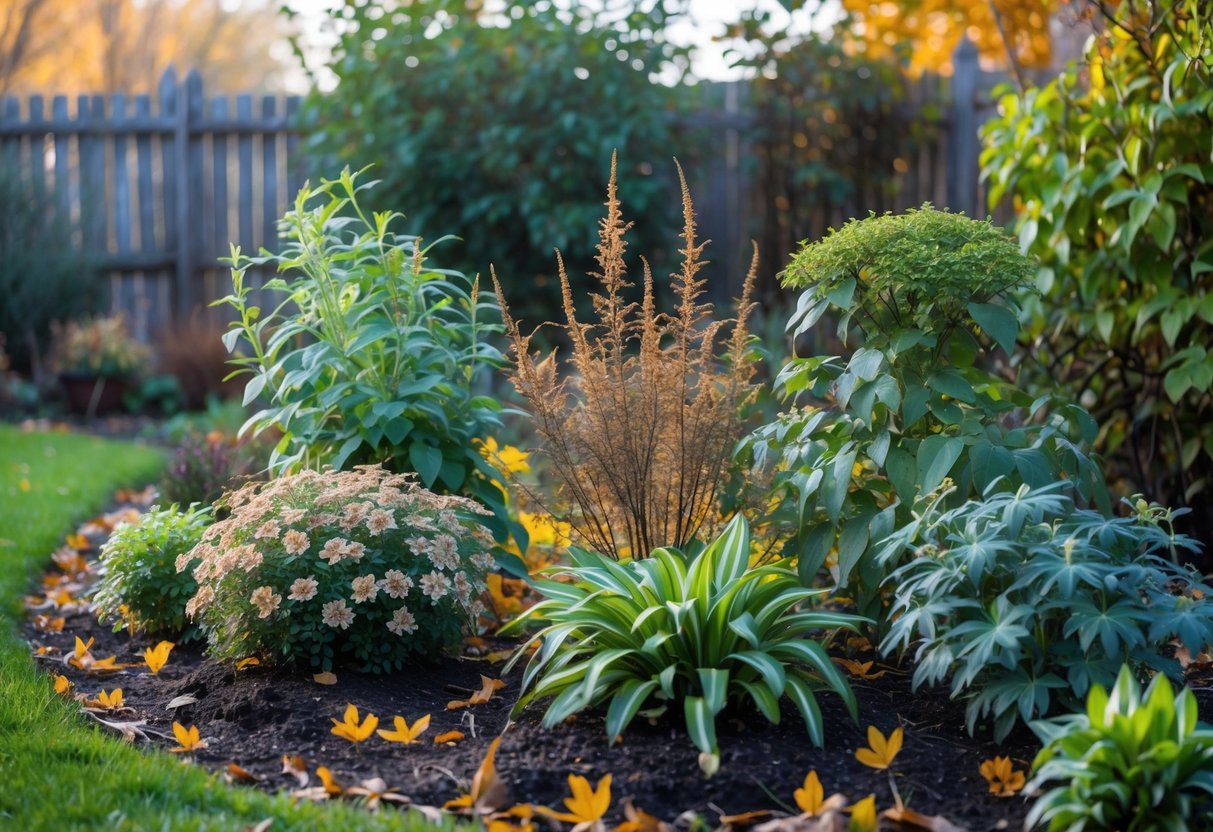 A garden bed in late autumn with five perennials showing dried foliage and a few green, healthy perennials among them, surrounded by fallen leaves.