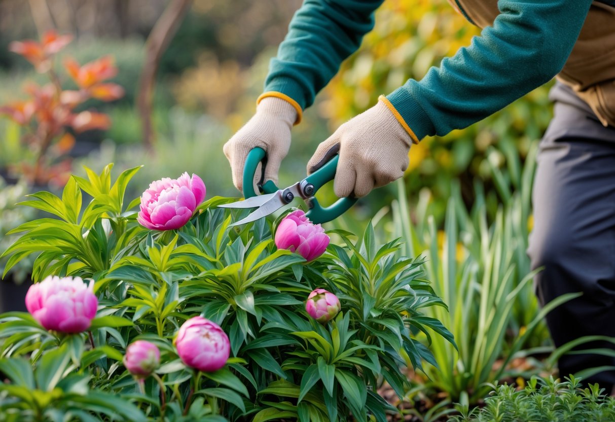 Hands pruning peony plants in a garden during early November with green and autumn-colored leaves.