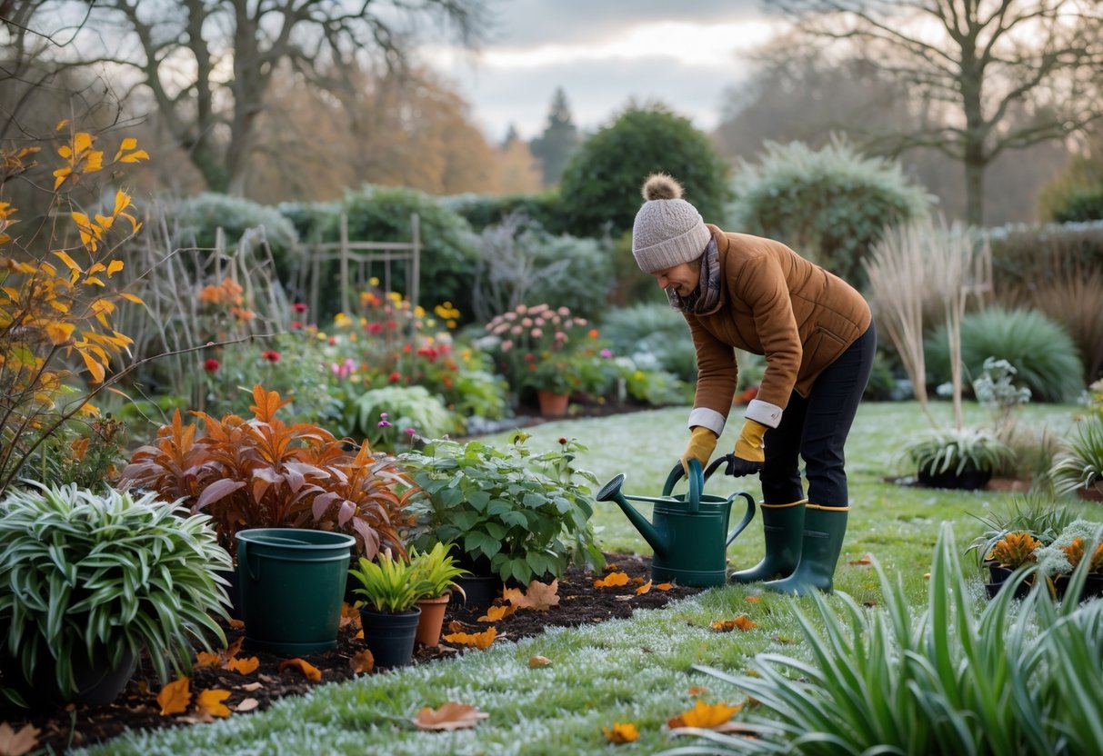 A gardener wearing warm clothes tending plants in a garden with autumn leaves and light frost before winter.